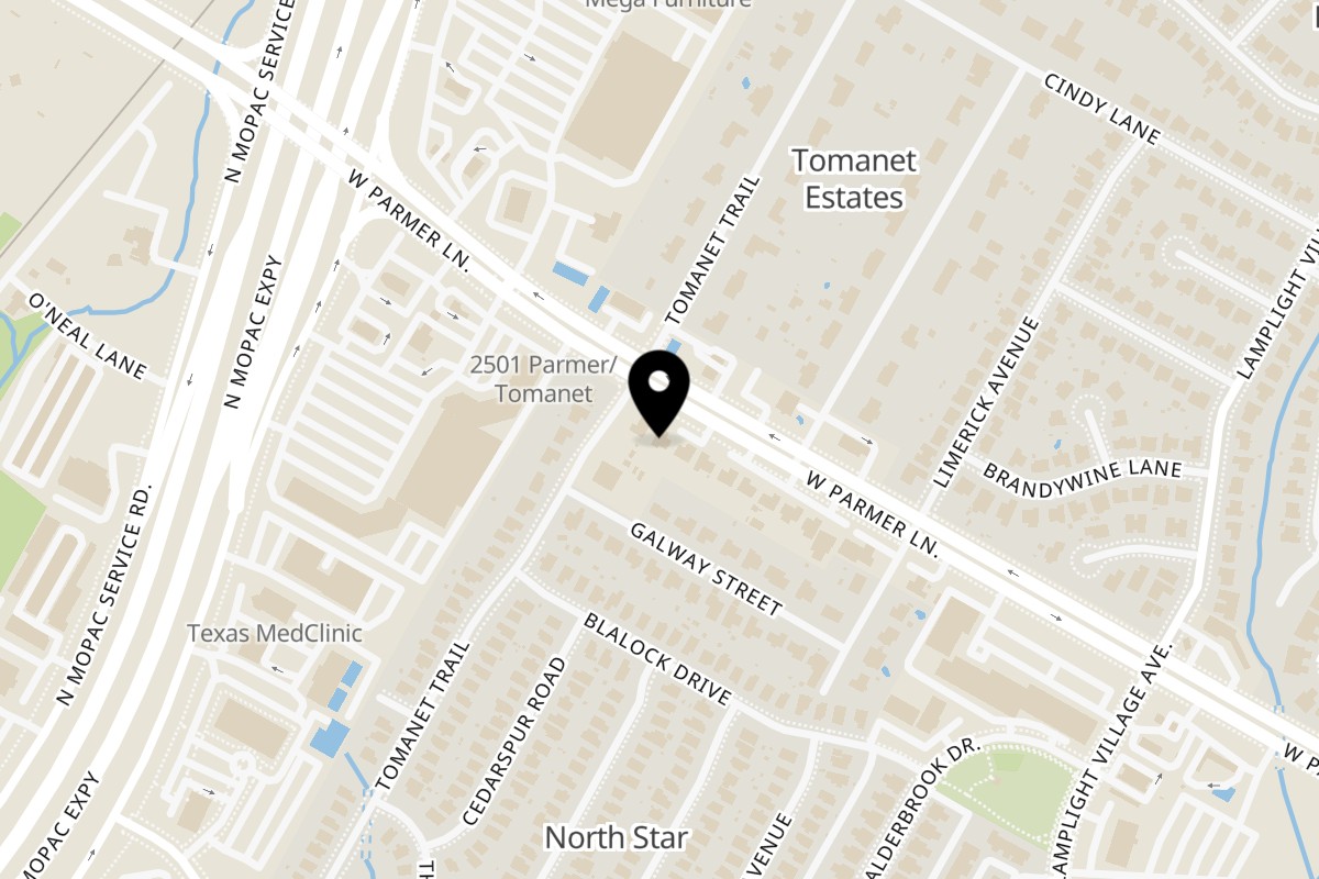 Map showing the location of The Grill-eria on 2309 W Parmer Ln in Austin